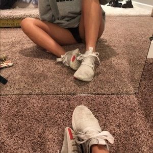 Adidas white tennis shoes, thick white bow laces